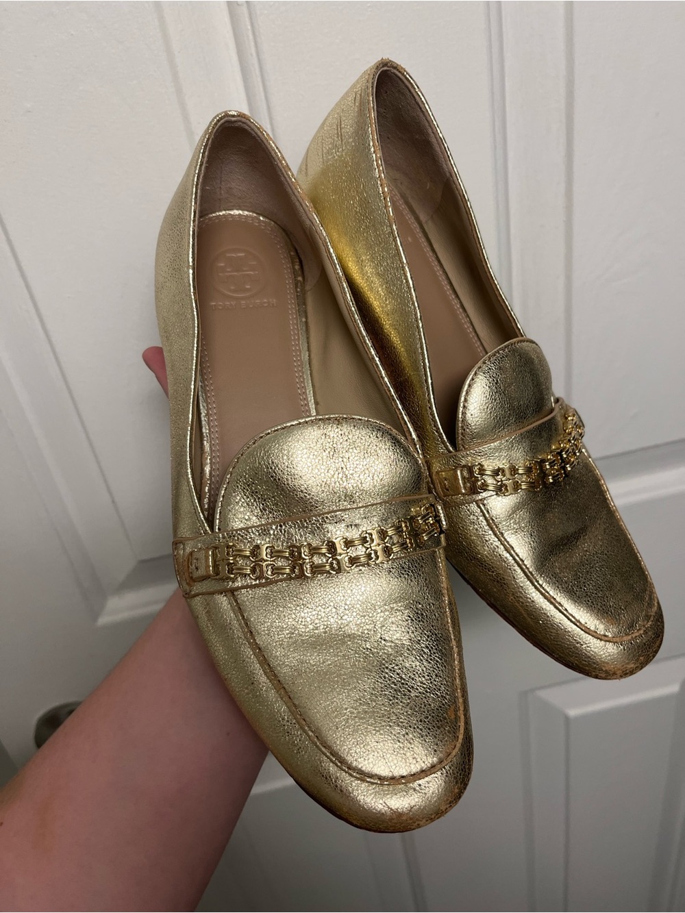 Tory Burch Gold Metallic Chain-Trim Loafers